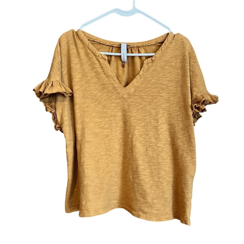 Pilcro Shirt Womens Large Yellow V Neck Flutter Ruffle Sleeve Jersey Tee Top